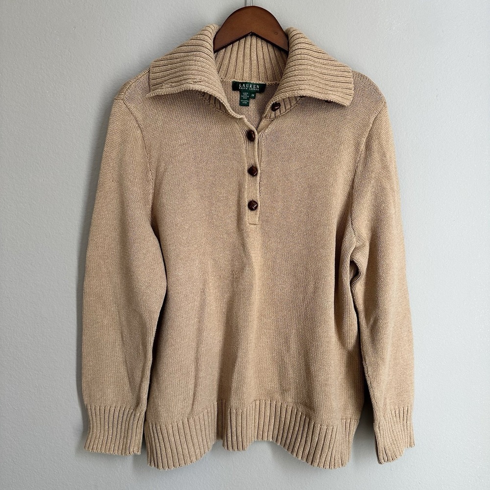 Lauren Ralph Lauren Tan Cotton Collared Sweater Preppy Equestrian Old Money Y2K